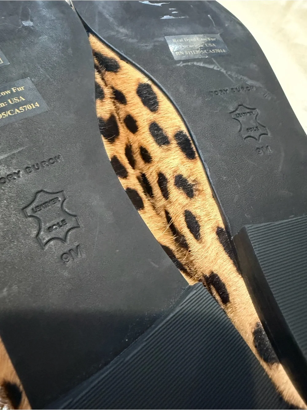 Tory Burch Cap-Toe Ballet Black and Brown Leopard Printed Hair Calf - Size 9 - N